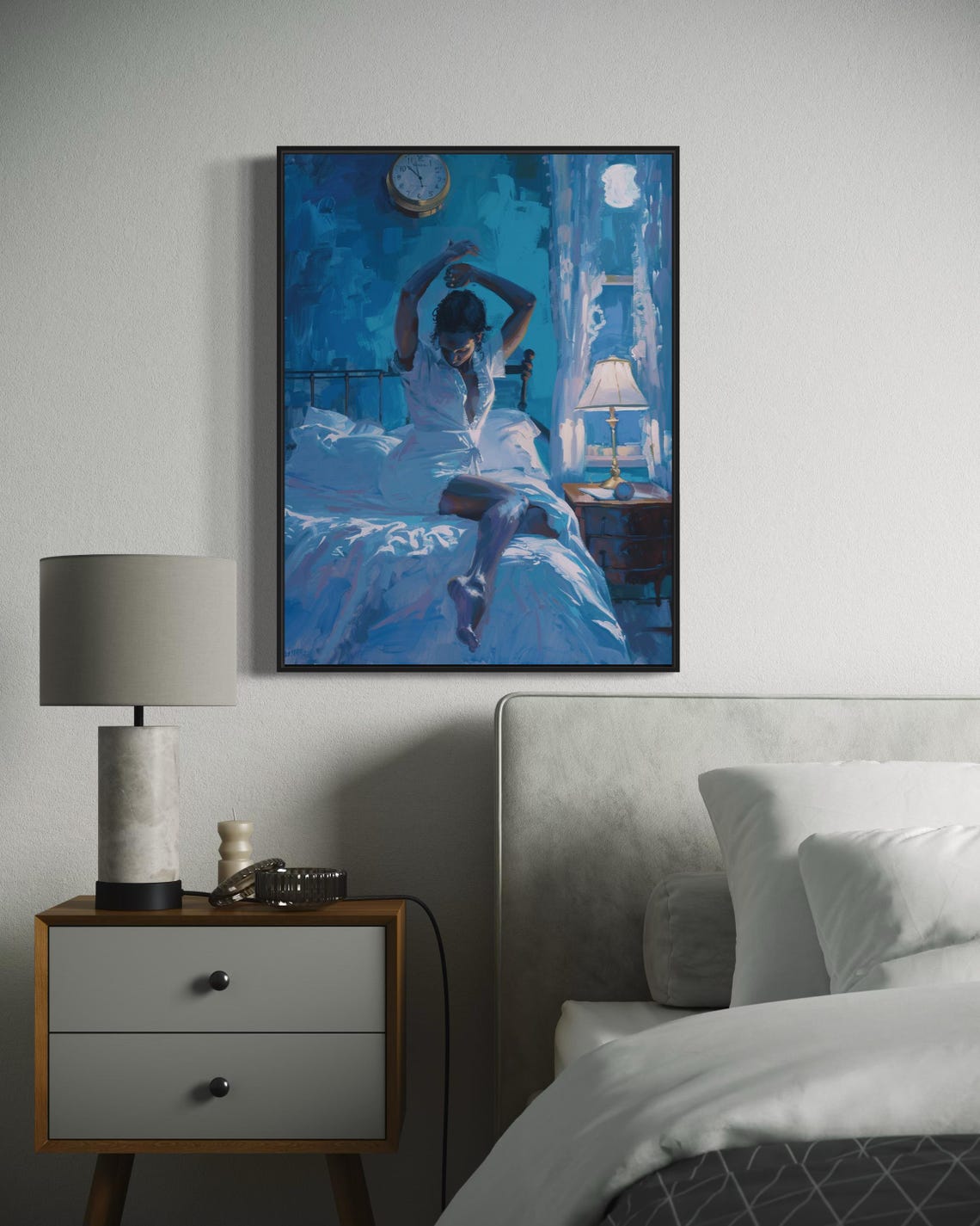 Blue Night Woman Stretching Bed Dreamy Moonlit Bedroom Art Poster - Image 7