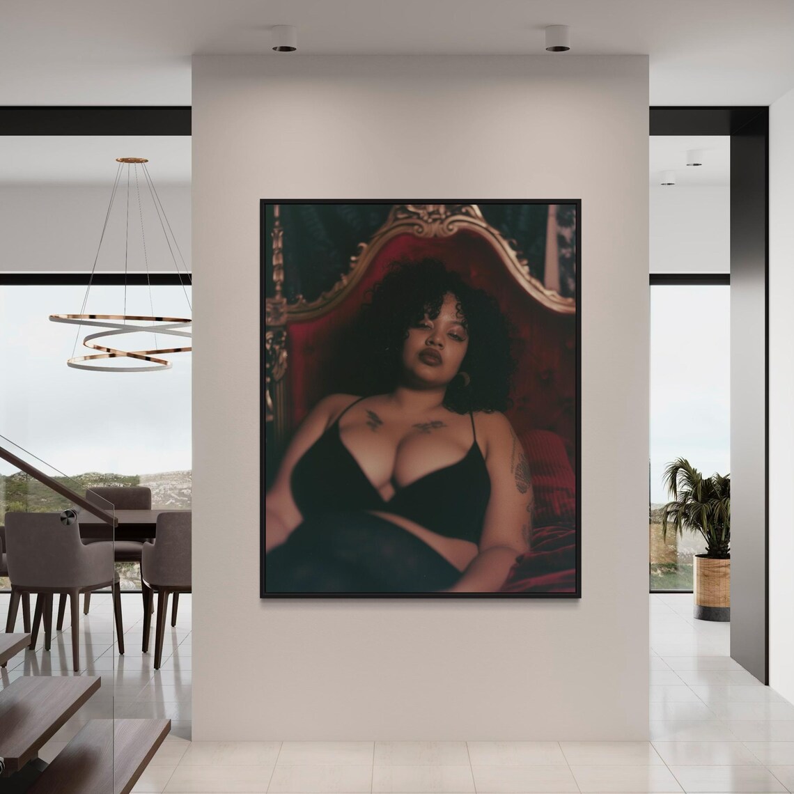 Boudoir Portrait Curvy Woman Black Lingerie Red Bed Art Poster - Image 2
