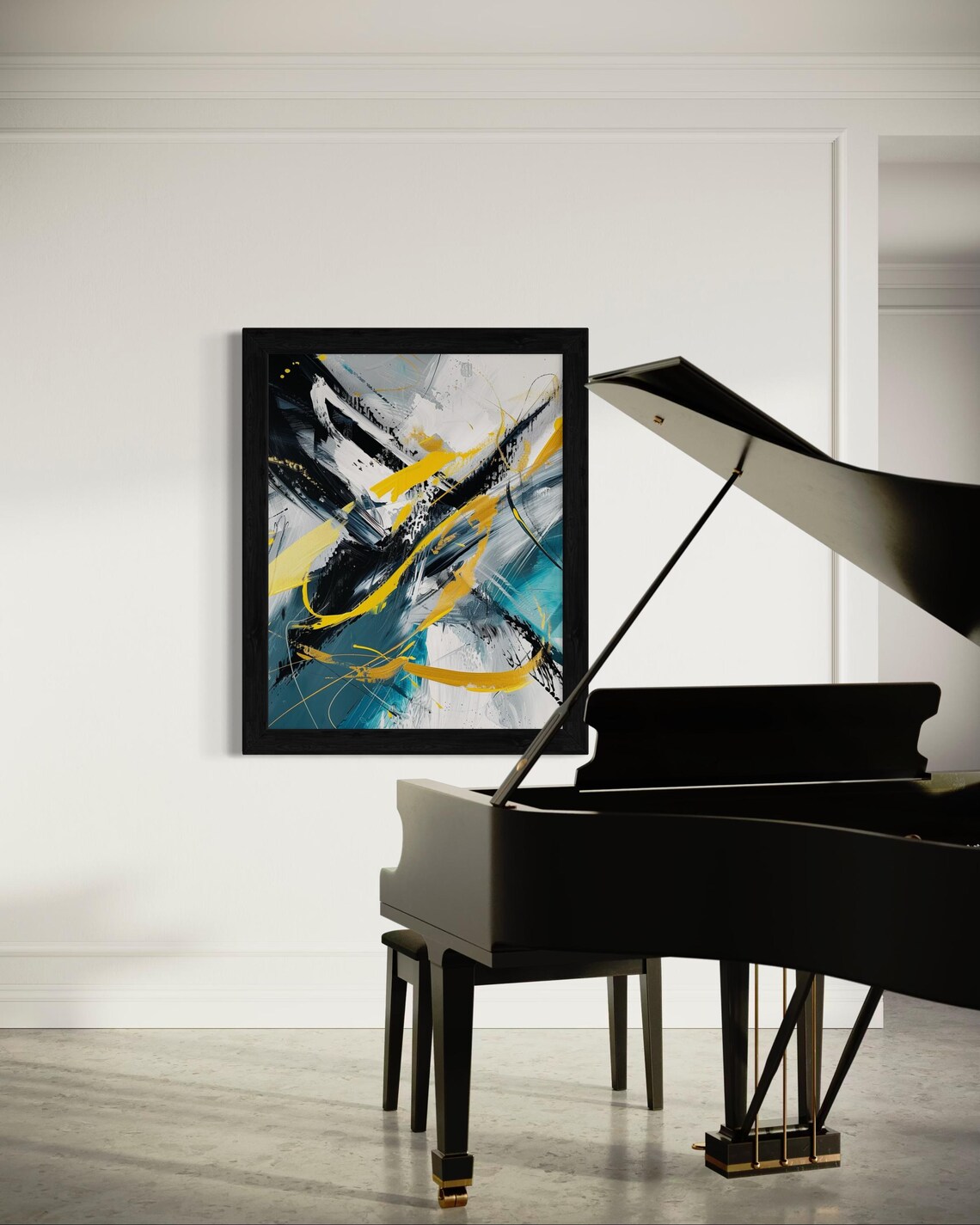 Modern Abstract Painting Yellow Black Teal Bold Brushstroke Poster - Image 2