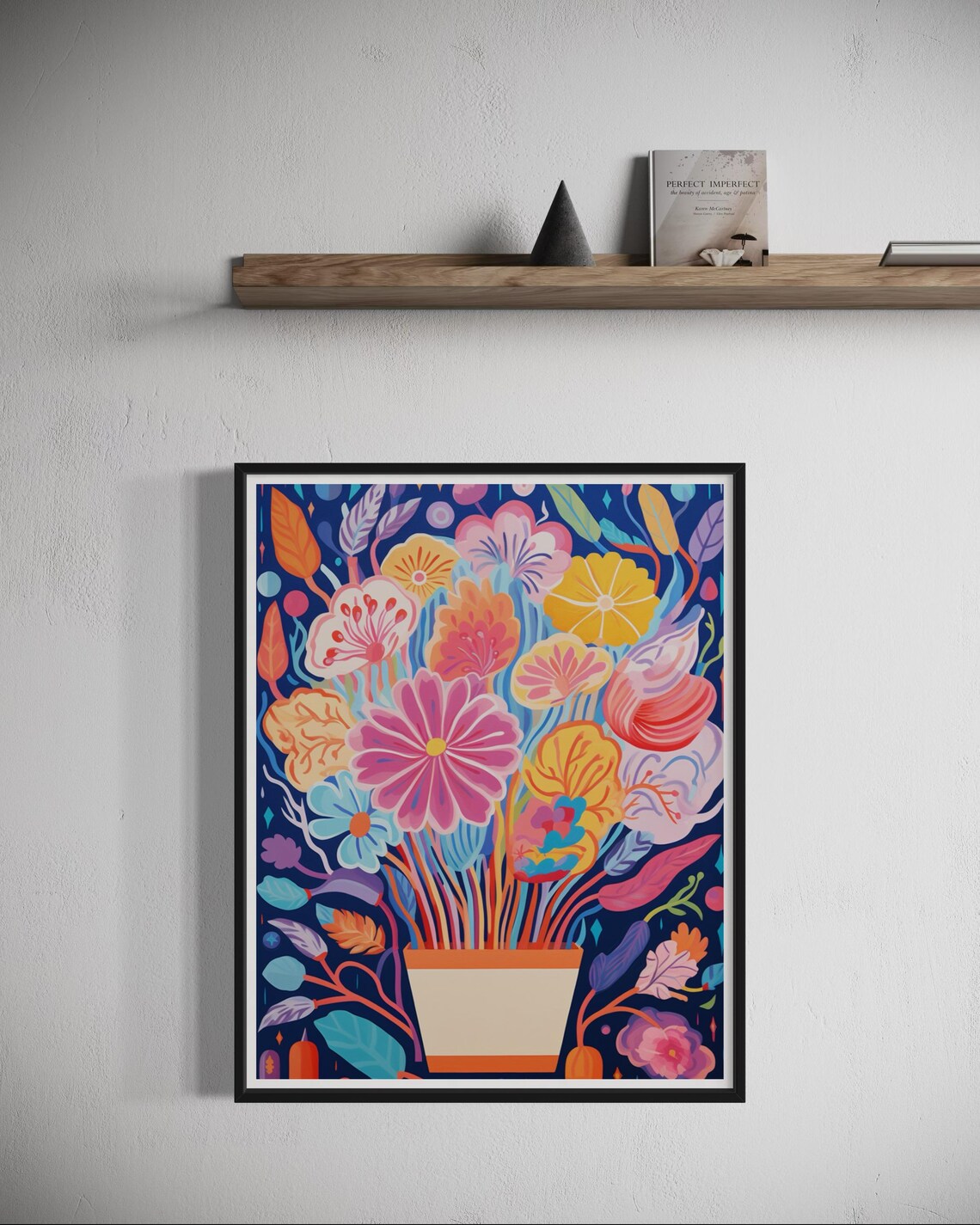 Colorful Flower Bouquet In Pot On Navy Blue Botanical Art Print - Image 4