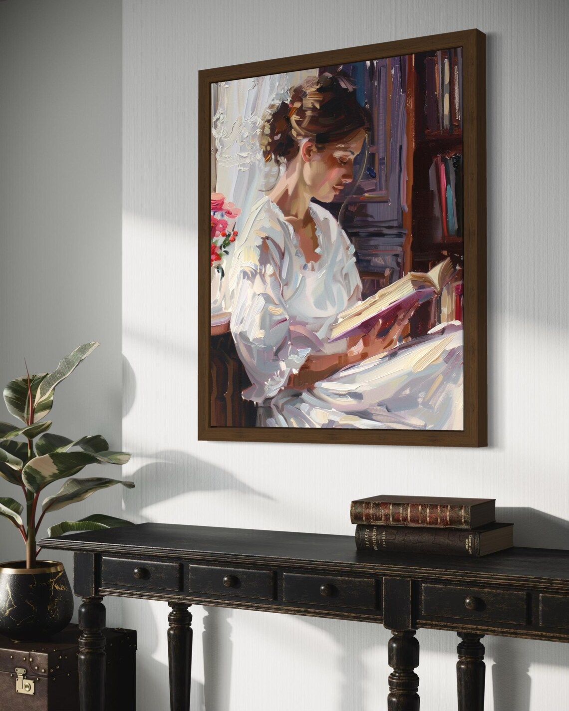 Woman Reading In White Dress Impressionist Library Oil Art Poster - Image 6