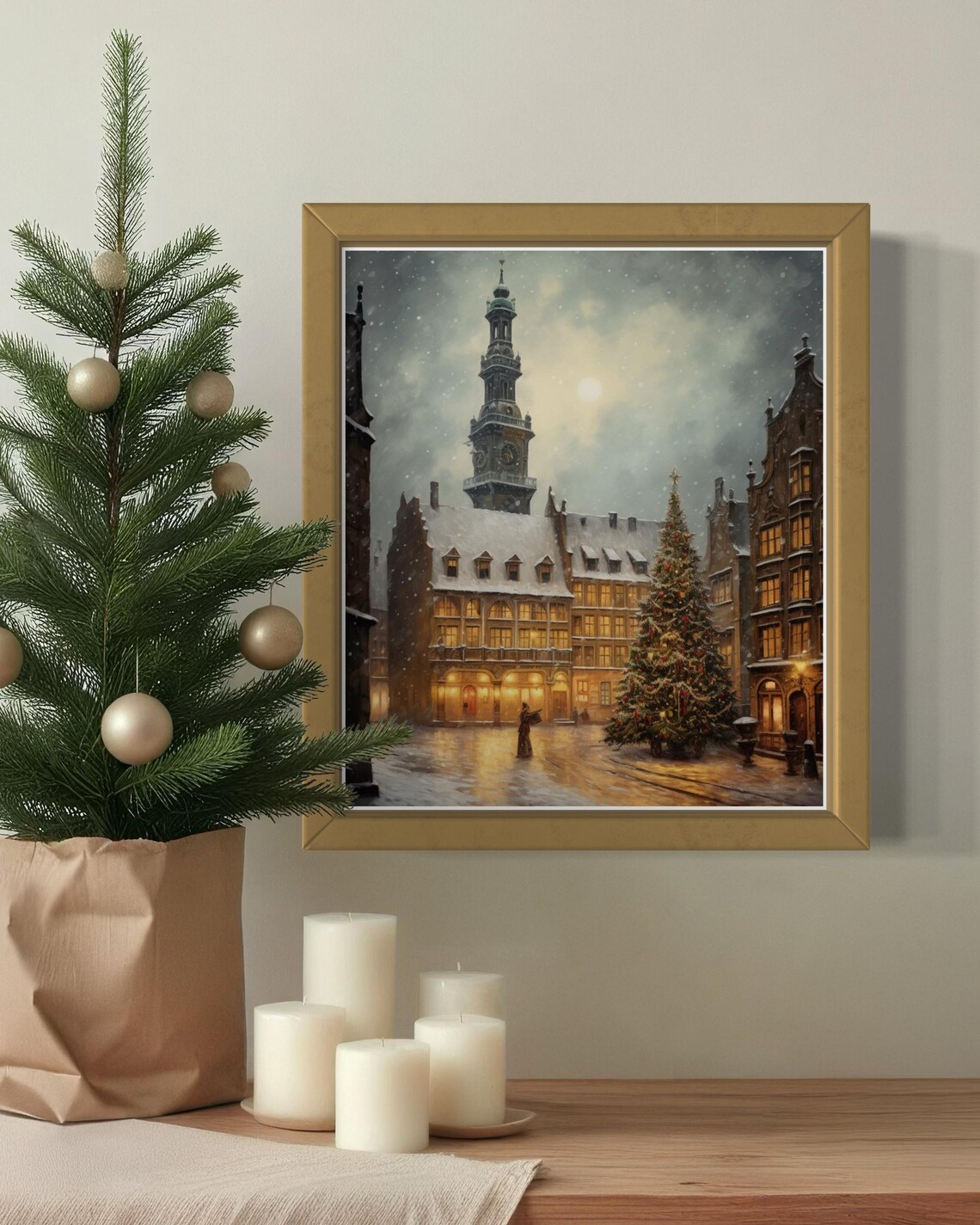 Snowy European Town Square Clock Tower Christmas Scene Poster