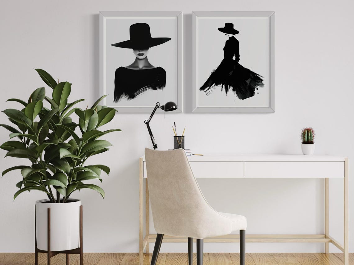 Two Piece Black And White Woman With Hat Portrait Art Print Set - Image 4