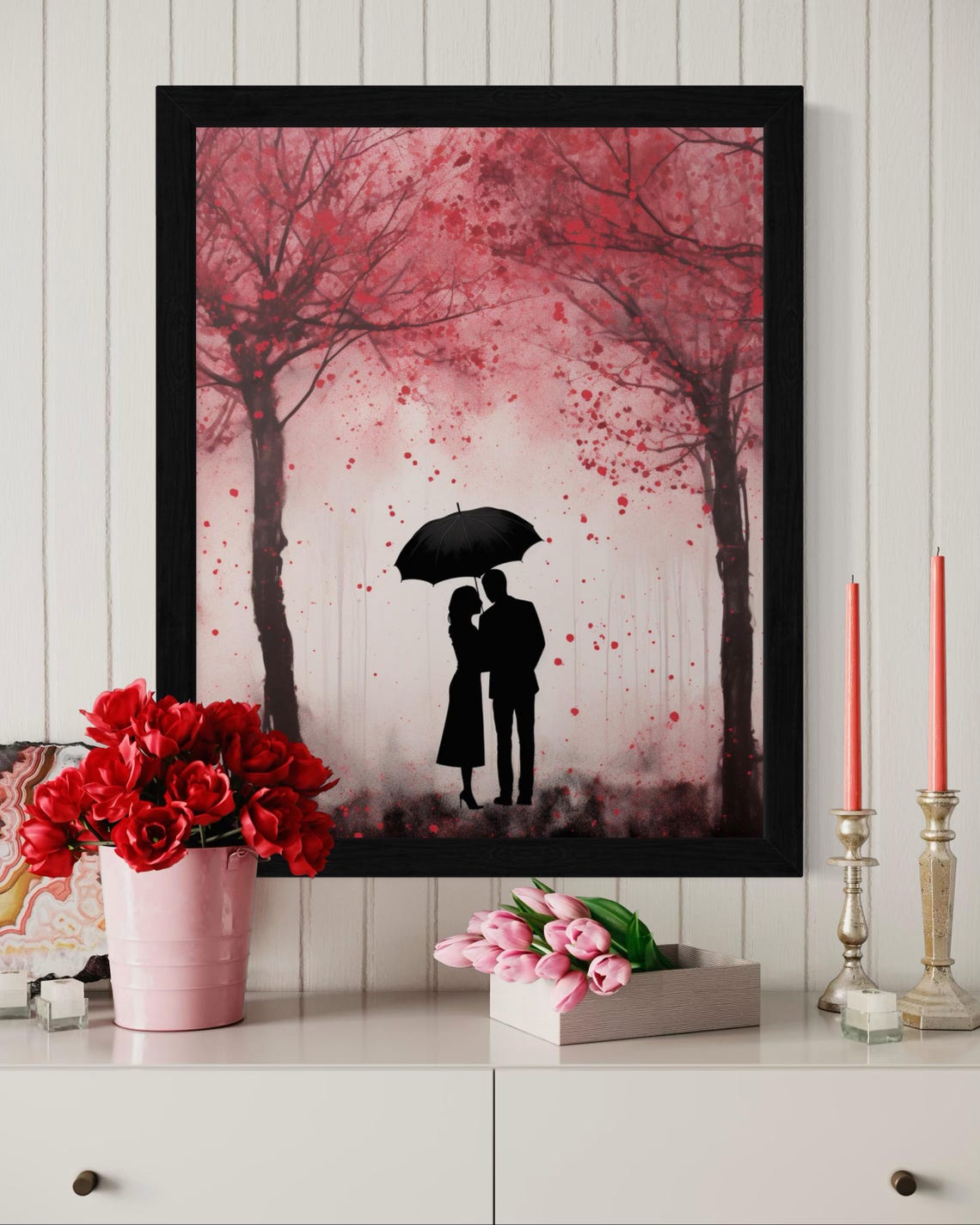 Couple Under Black Umbrella With Falling Red Petals Love Poster - Image 7