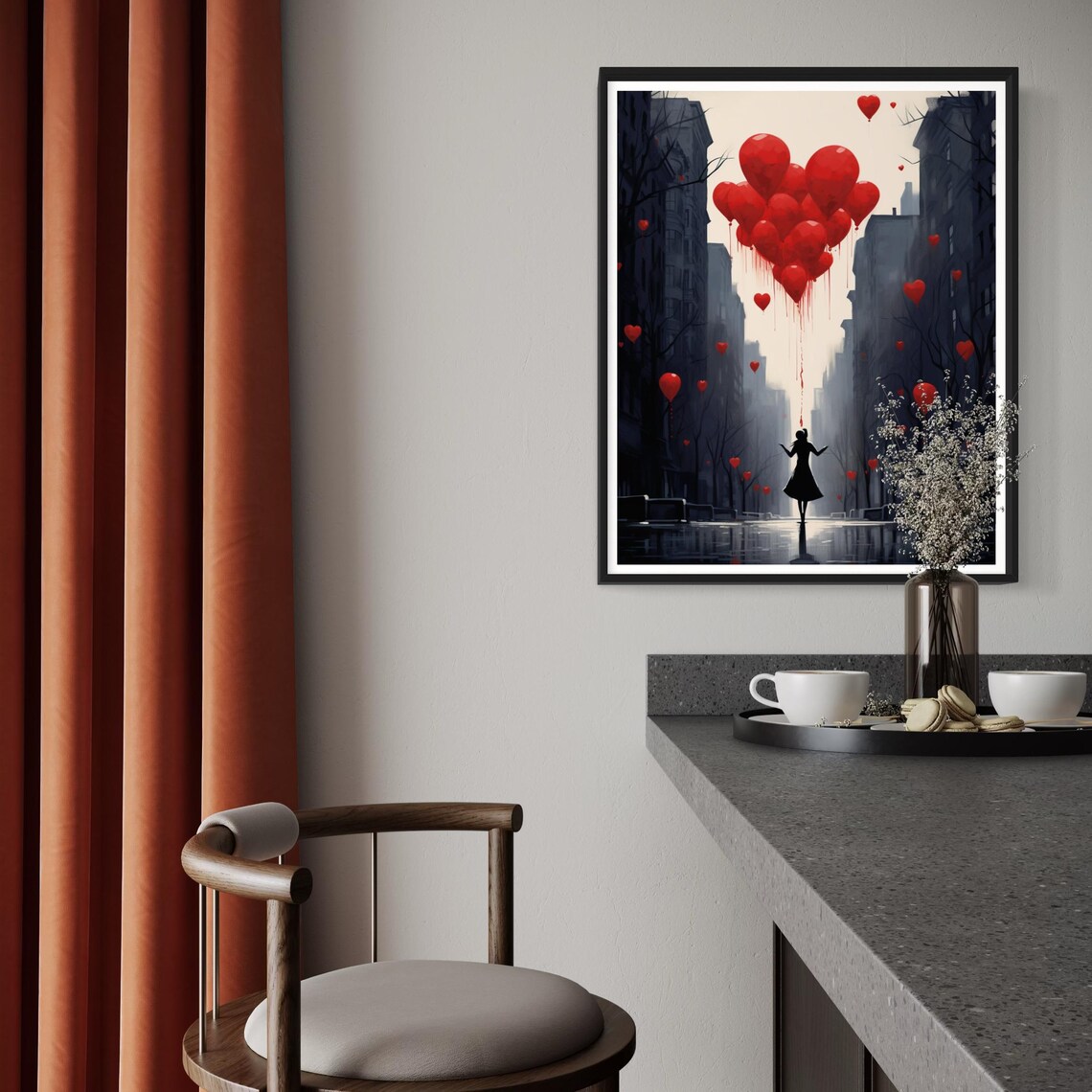 Silhouette Woman Red Heart Balloons Rainy City Street Poster - Image 2