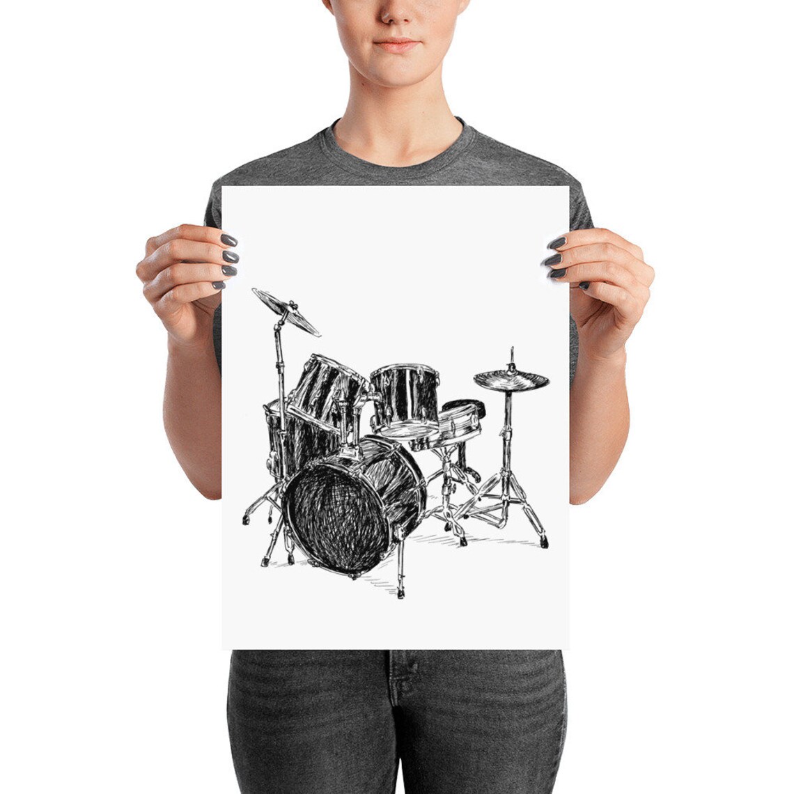 Drum Set Black And White Ink Sketch Percussion Instrument Line Art Poster - Image 4