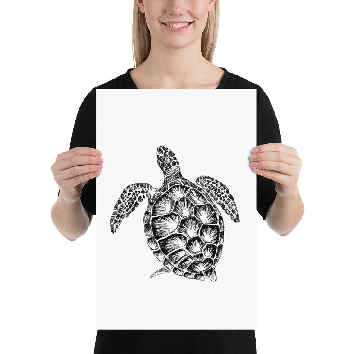 Sea Turtle Black and White Hand Drawn Ocean Wildlife Wall Art - Image 2