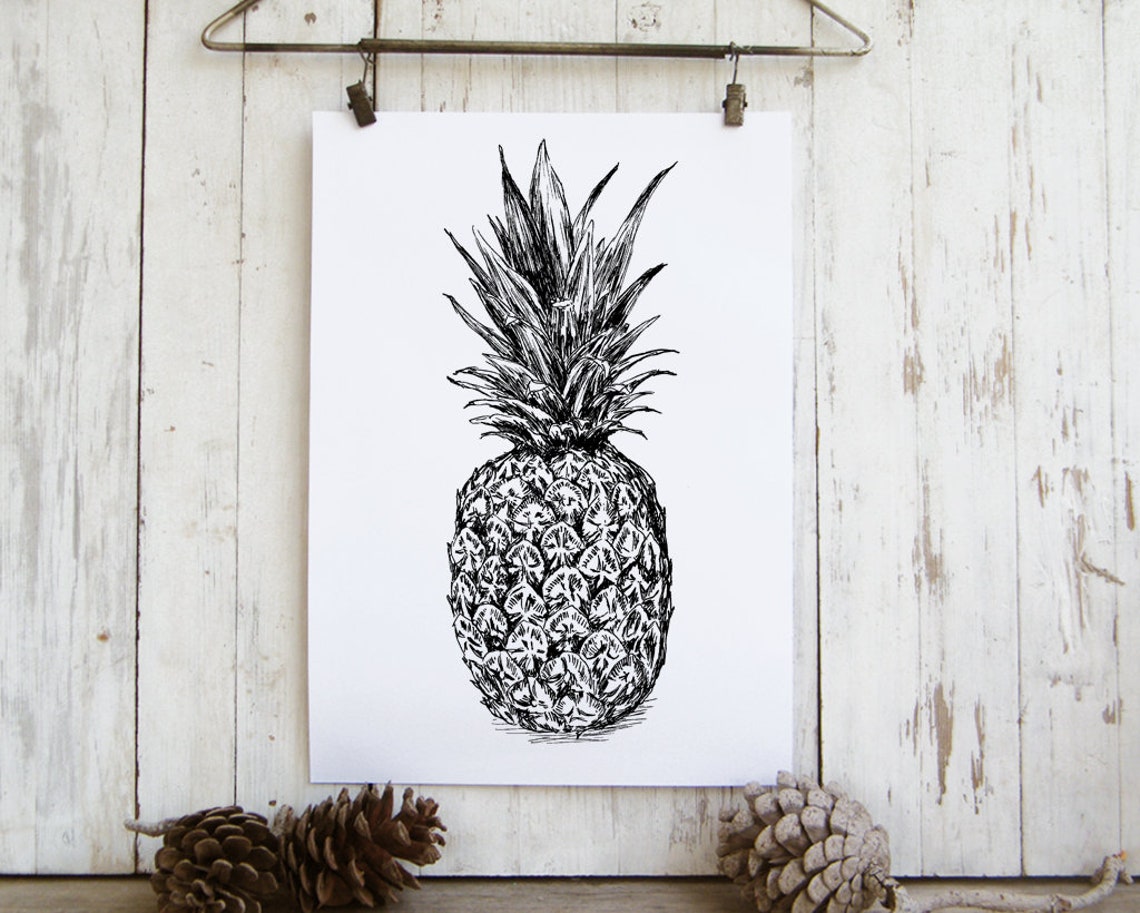 Pineapple Botanical Ink Sketch Minimalist Black White Fruit Wall Art - Image 2