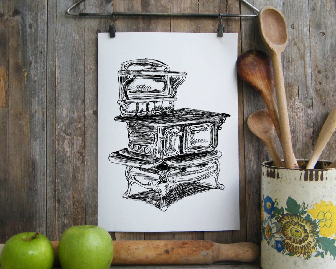 Antique Cast Iron Stove Ink Sketch Rustic Kitchen Art Poster