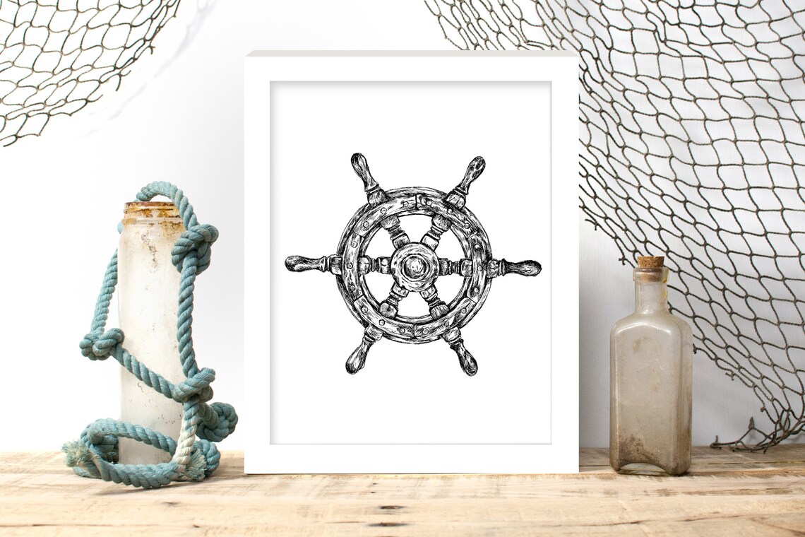 Black and White Vintage Ship's Wheel Ink Sketch Nautical Poster