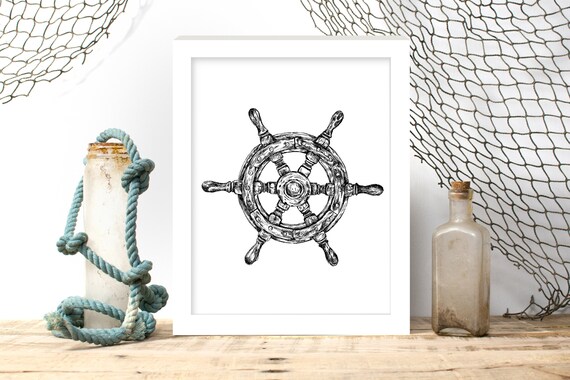 Black and White Vintage Ship's Wheel Ink Sketch Nautical Poster