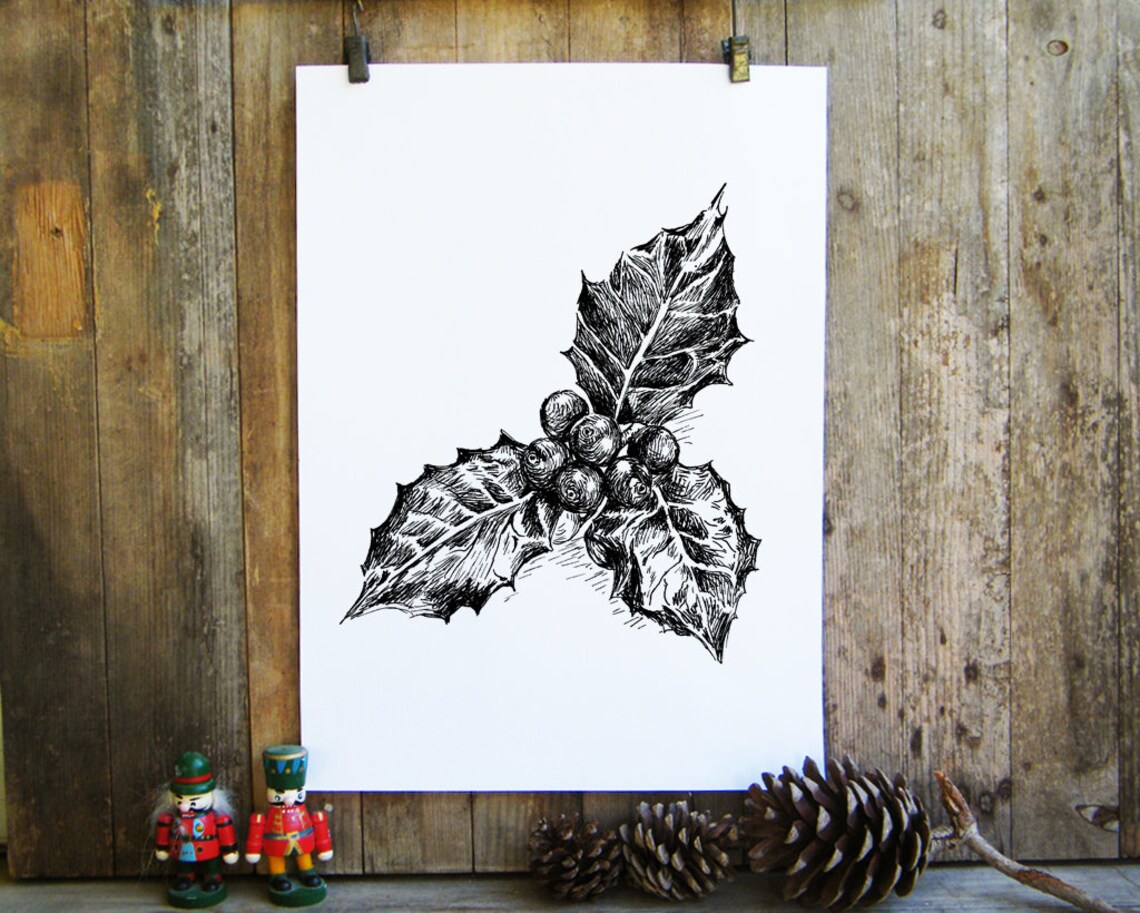 Holly Berry Sprig Ink Sketch Christmas Botanical Black White Poster