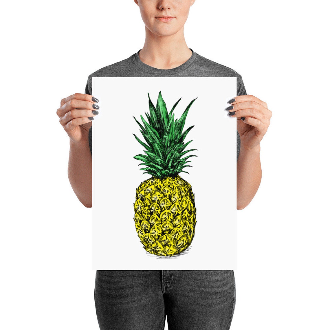Pineapple Botanical Line Drawing Yellow Green Tropical Art Print