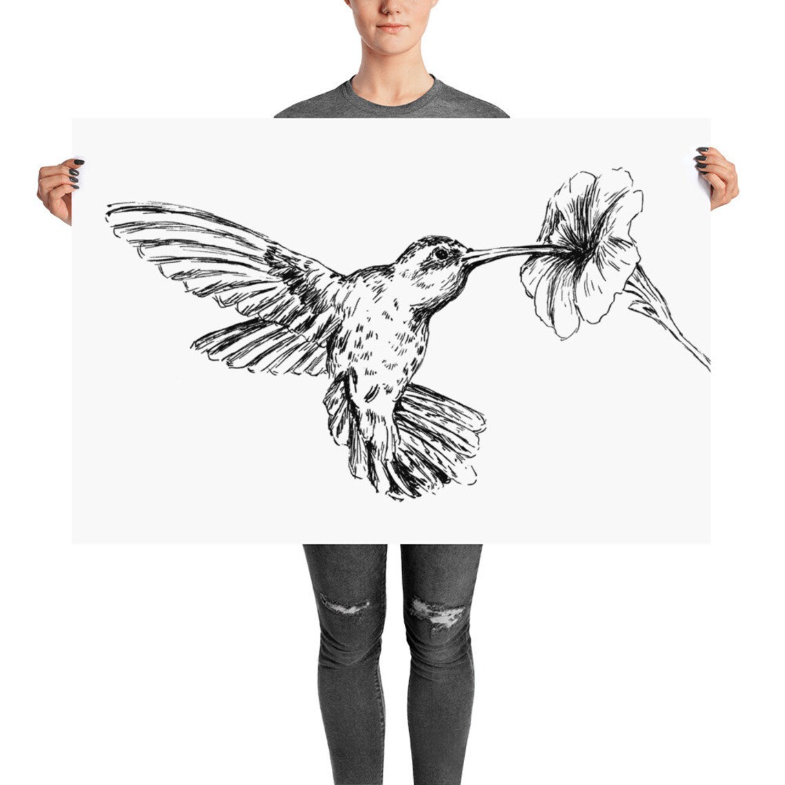 Hummingbird With Flower Ink Sketch Minimalist Bird Line Art Poster - Image 2