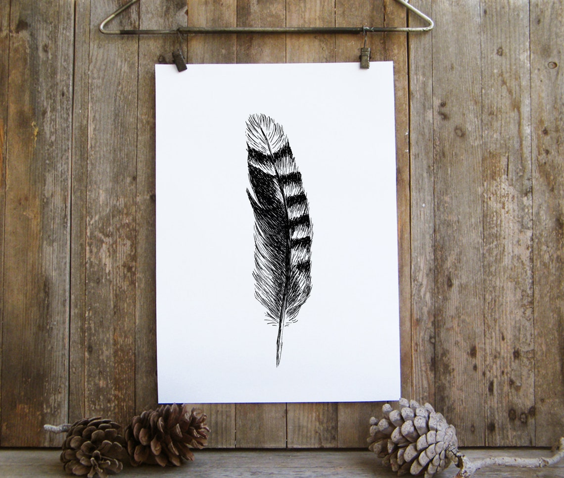 Striped Bird Feather Black and White Minimalist Sketch Wall Art - Image 4