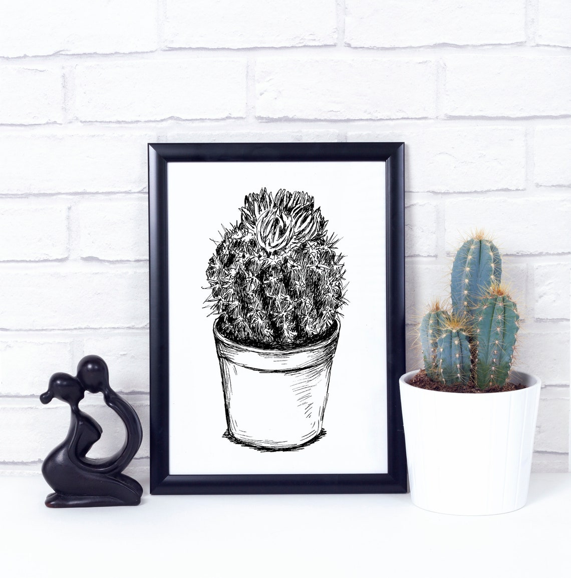 Modern Potted Cactus Ink Sketch Botanical Line Drawing Wall Art