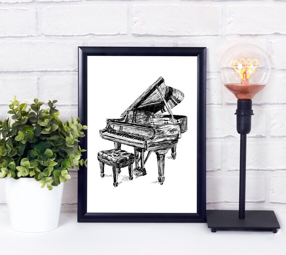 Grand Piano Black And White Ink Sketch Music Instrument Drawing Poster