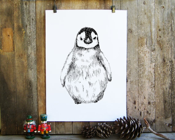 Baby Penguin Ink Sketch Black White Cute Animal Nursery Decor Poster