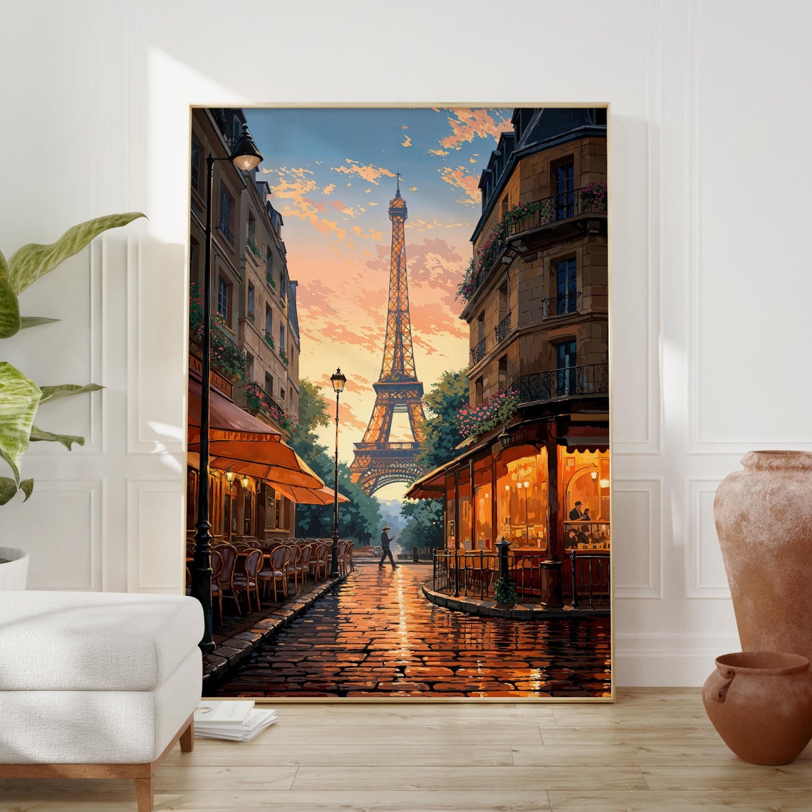 Paris Eiffel Tower Sunset Street Poster with Cafes on Cobblestone Road - Image 2