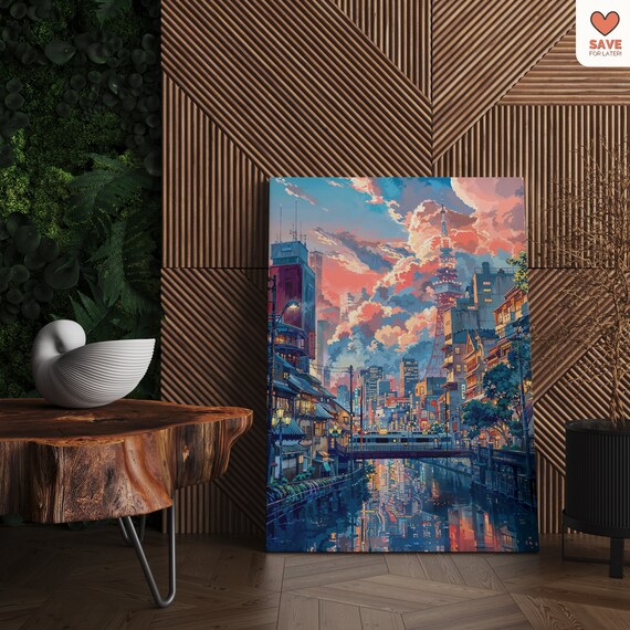 Anime Tokyo Canal at Sunset With Tokyo Tower and Glowing City Poster