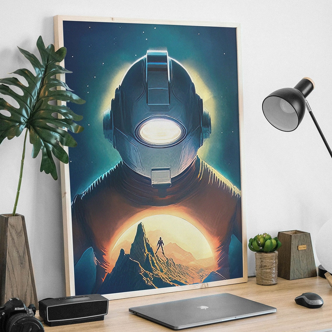 Retro Sci Fi Astronaut Poster Giant Helmet Mountain Double Exposure - Image 3