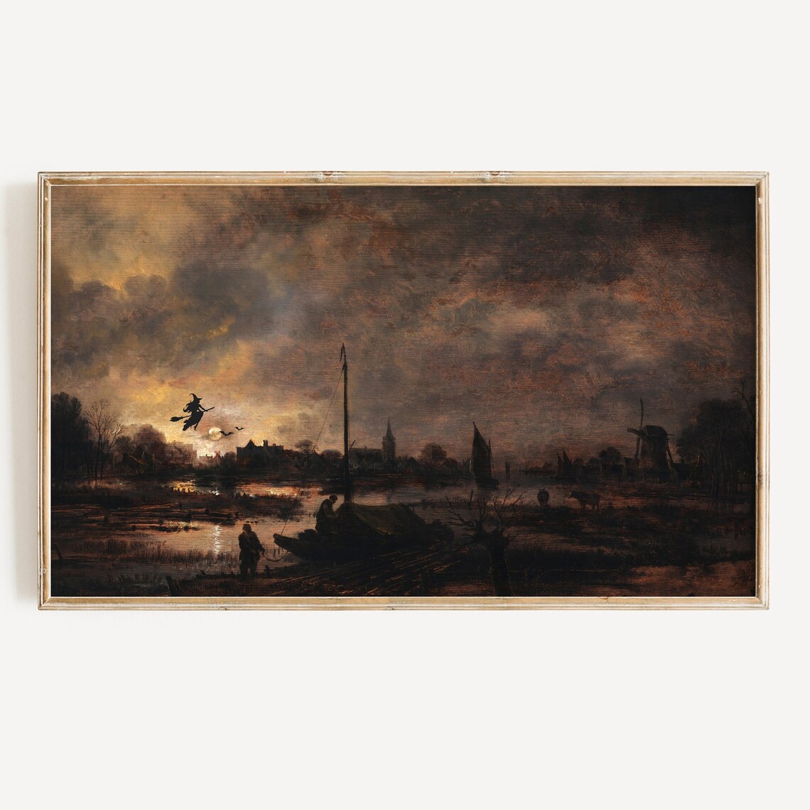 Witch Flying Over Moonlit River Vintage Halloween Night Scene Poster