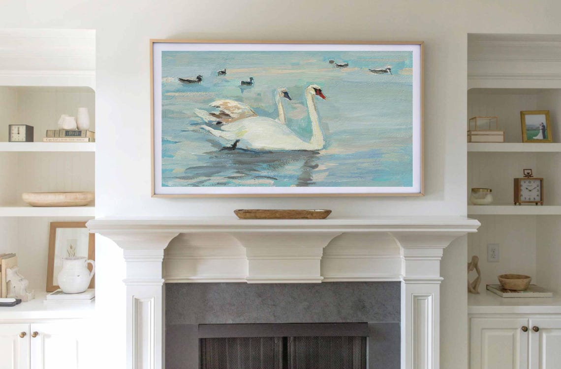 Two White Swans On Blue Water Ducks Serene Lake Painting Poster - Image 2