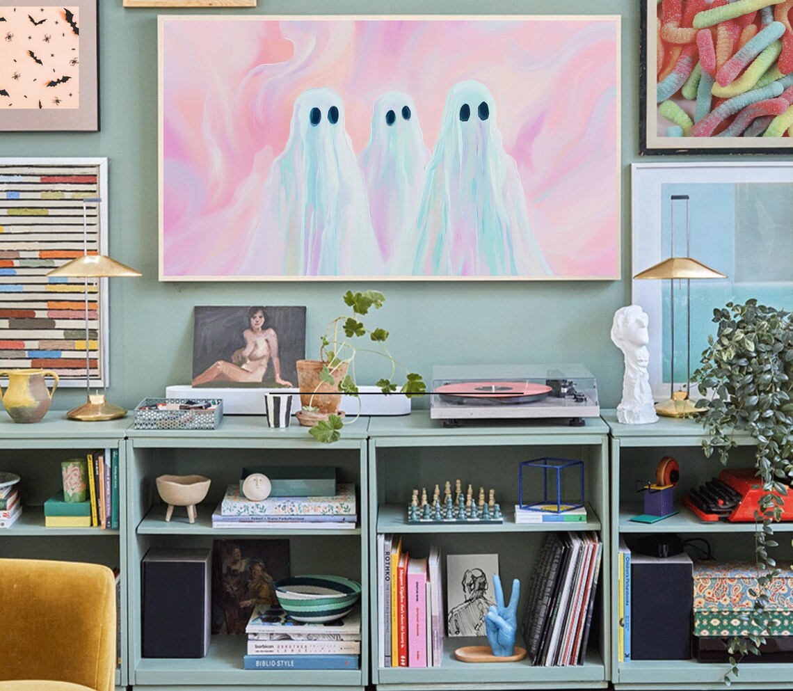 Pink Halloween Cute Ghost Art Print, Pastel Groovy Decor - Image 3