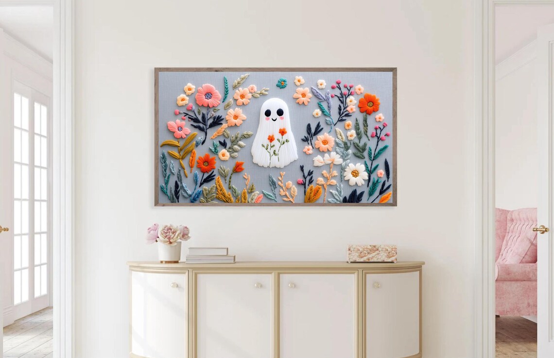 Cute Halloween Ghost Wildflower Embroidery Art Print - Image 2