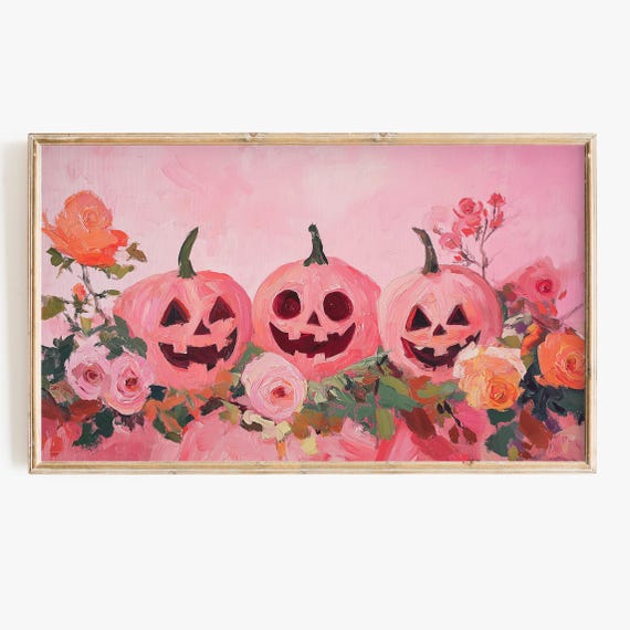 Halloween Pink Pumpkins Cute Floral Art Print