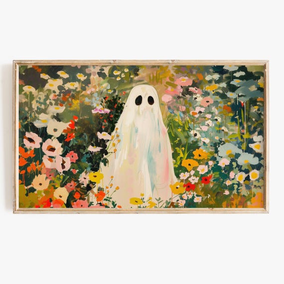 Halloween Botanical Ghost Art Print, Cottagecore Boho