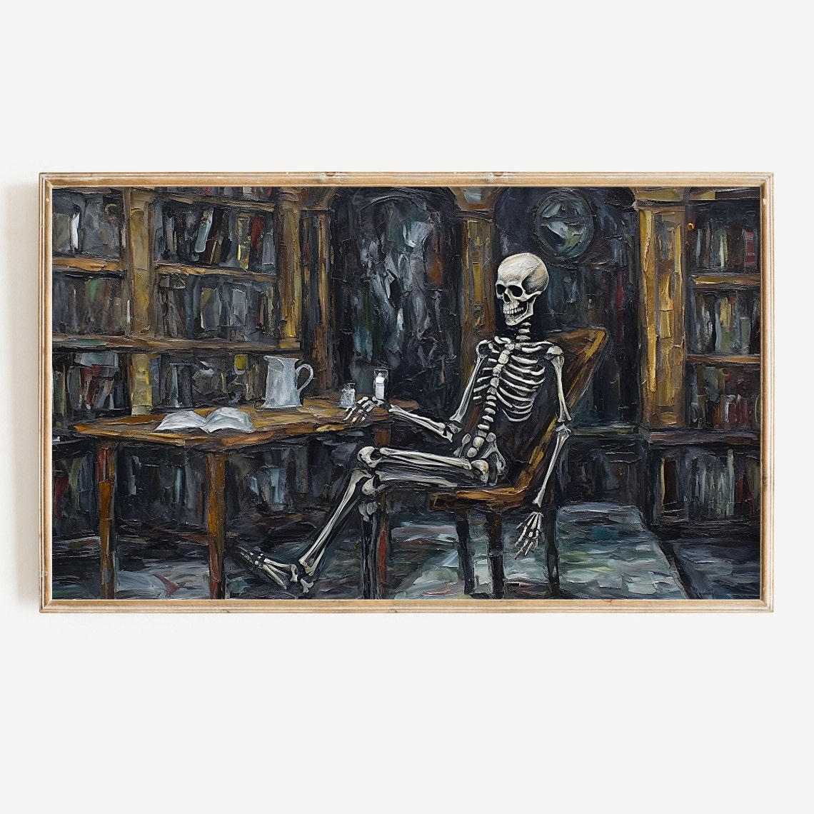 Skeleton Dark Academia Library Textured Oil Painting Spooky Poster
