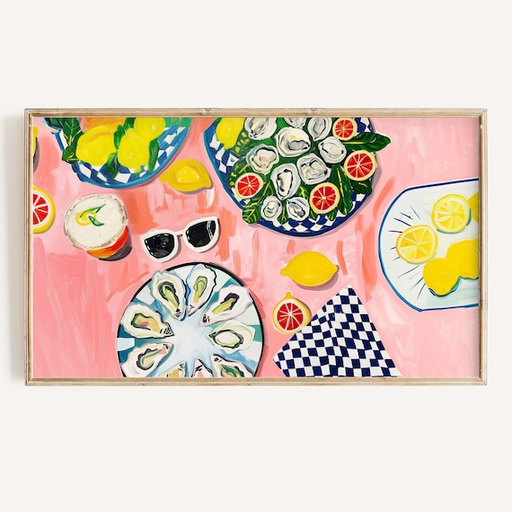 Summer Citrus Oyster And Lemon Table Spread Pink Party Still Life Poster