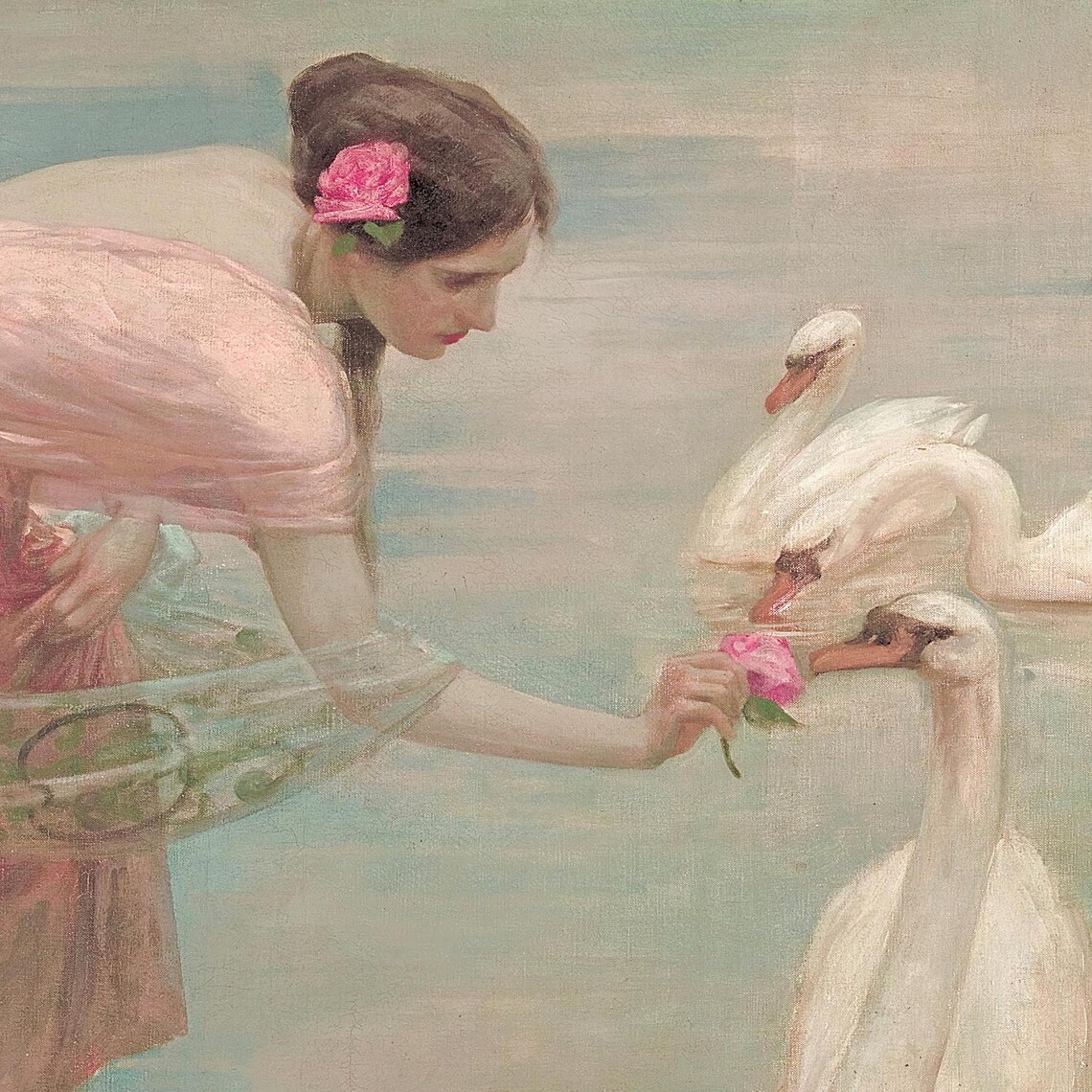Vintage Women With Swans Feeding Rose Whimsical Swan Painting Poster - Image 5