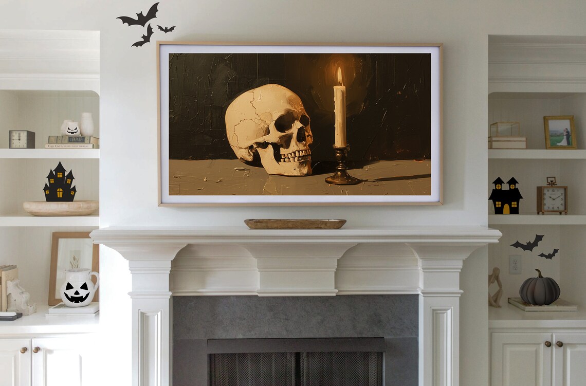 Vintage Skull With Candle Still Life Dark Academia Moody Wall Art - Image 3