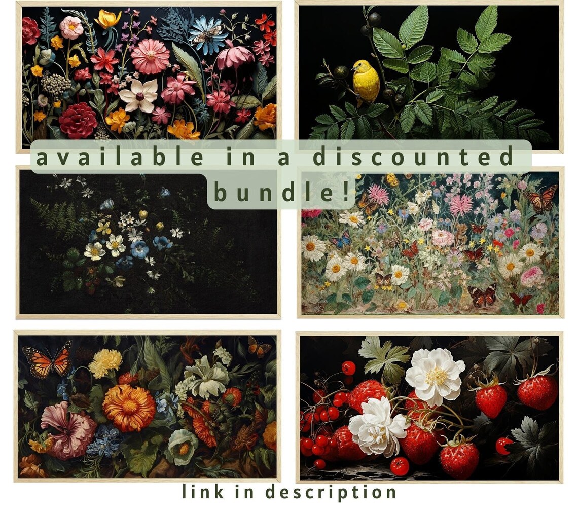Wildflowers and Butterfly Garden, Dark Botanical Art Print - Image 2