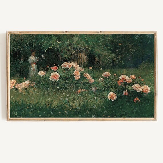 Vintage Rose Garden Woman Reading Antique Impressionist Poster