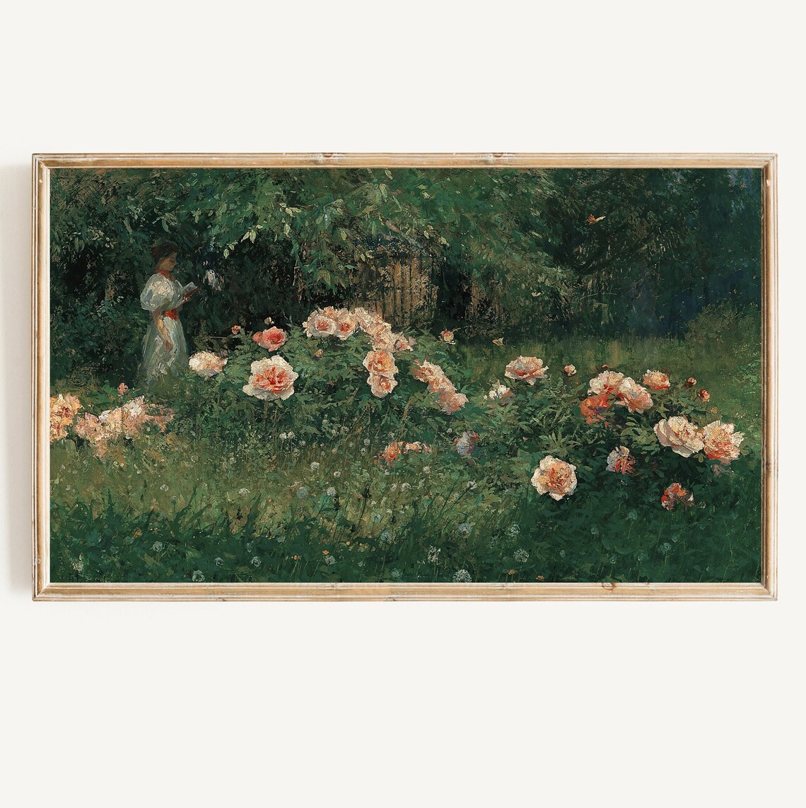 Vintage Rose Garden Woman Reading Antique Impressionist Poster