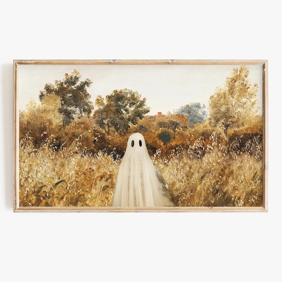 Lone Sheet Ghost In Golden Wheat Field Vintage Autumn Halloween Poster
