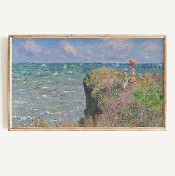 Impressionist Cliff Walk Overlooking Sea Sailboats Summer Stroll Poster
