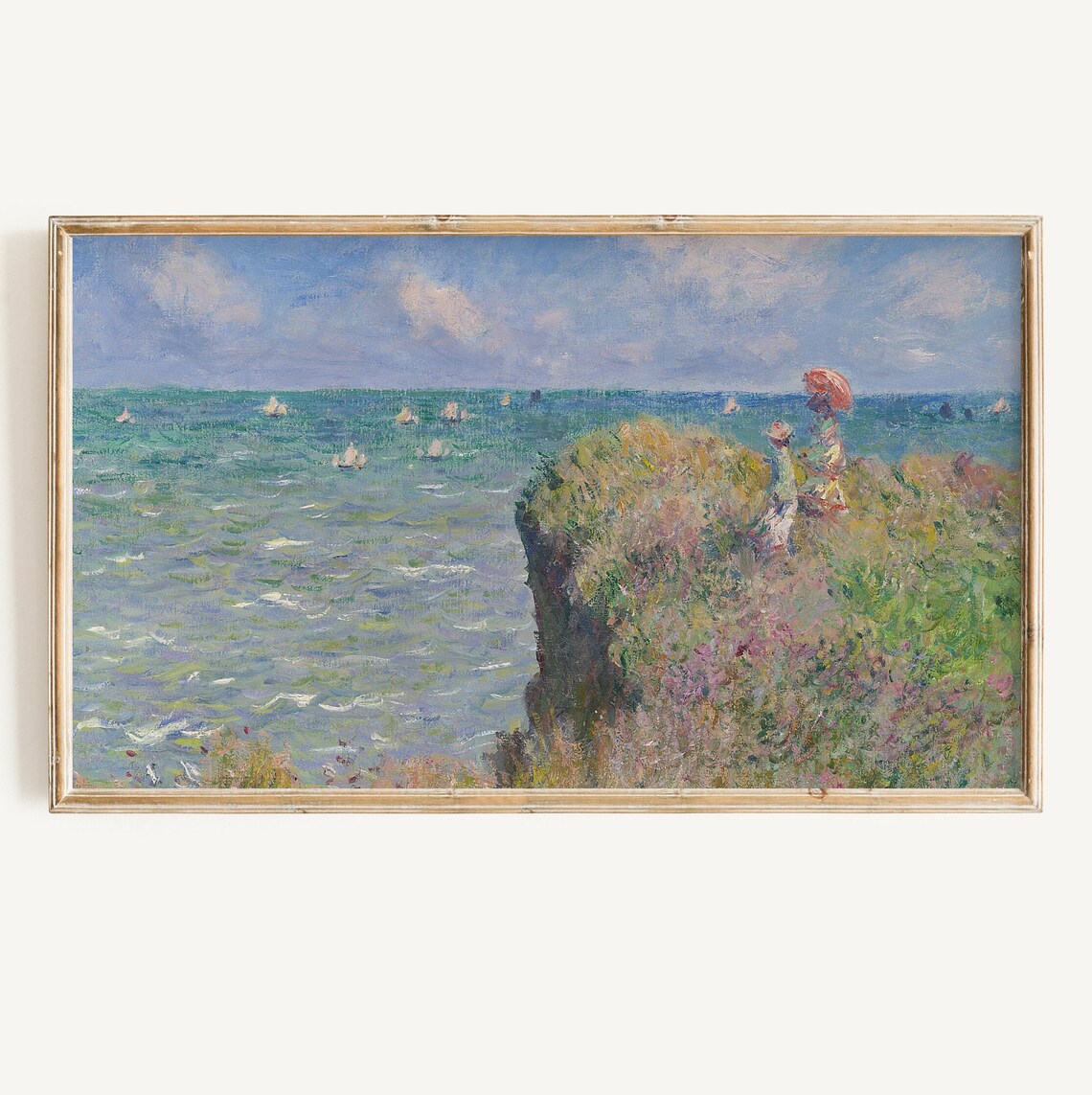 Impressionist Cliff Walk Overlooking Sea Sailboats Summer Stroll Poster