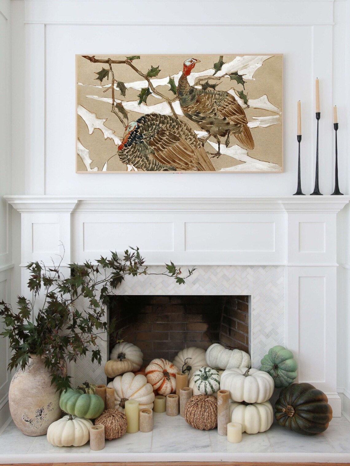 Two Turkeys Holly Branches Snow Vintage Thanksgiving Art Poster - Image 2