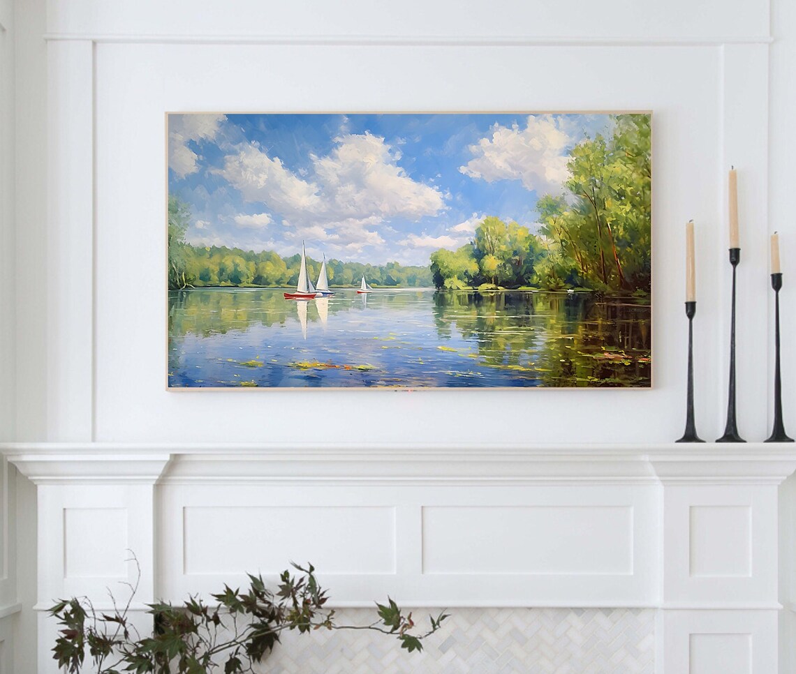 Summer Lake Painting Vintage Scenic Landscape Art - Image 4