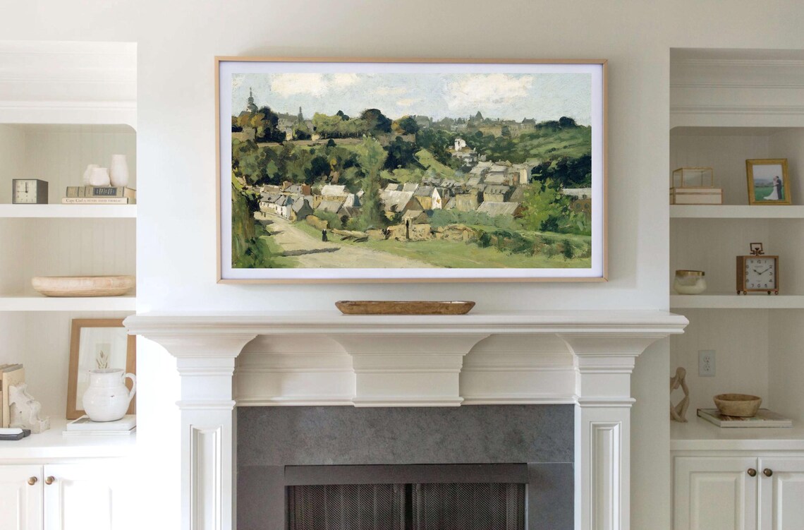 Vintage European Hilltop Village Landscape Cozy Oil Painting Poster - Image 3