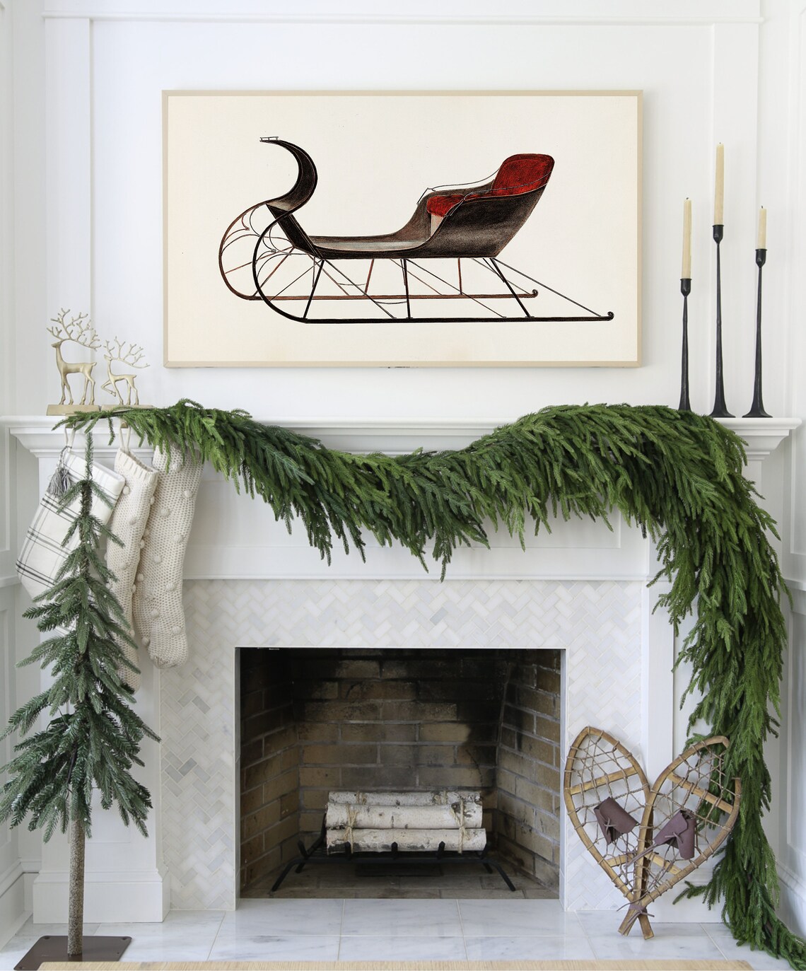 Antique Black Sleigh Red Velvet Seat Vintage Christmas Holiday Poster - Image 3