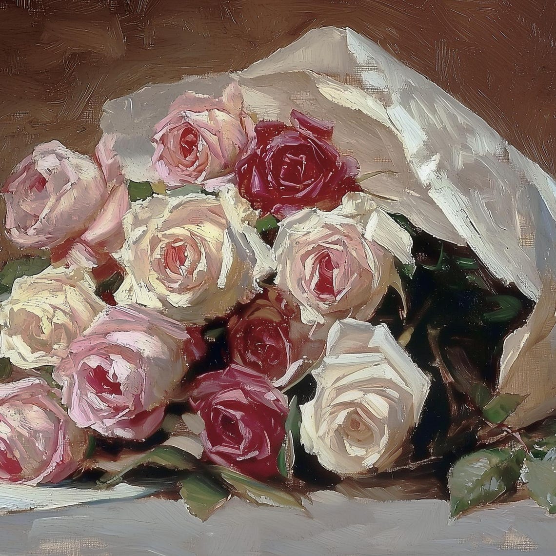 Pink White Rose Bouquet Wrapped In Paper Vintage Still Life Poster - Image 3