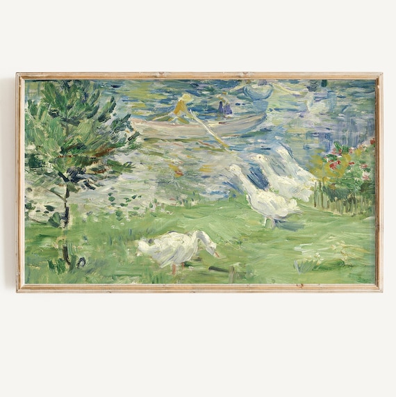 Vintage Goose and Lake Painting, Spring Art Print