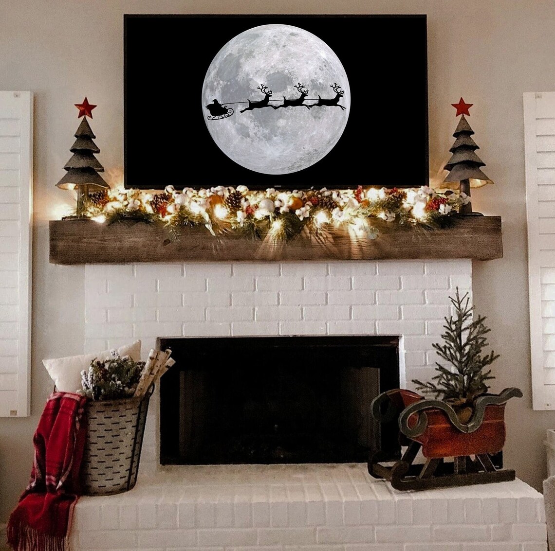 Santa Sleigh Silhouette Reindeer Flying Across Full Moon Night Poster - Image 2