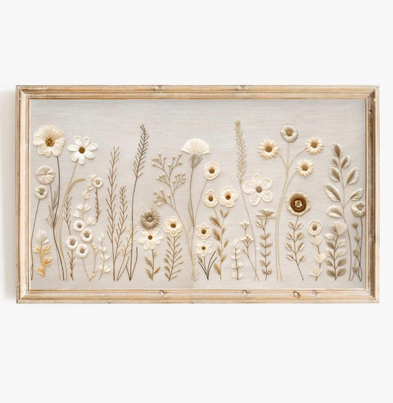 Wildflower Embroidery Neutral Farmhouse Art Print