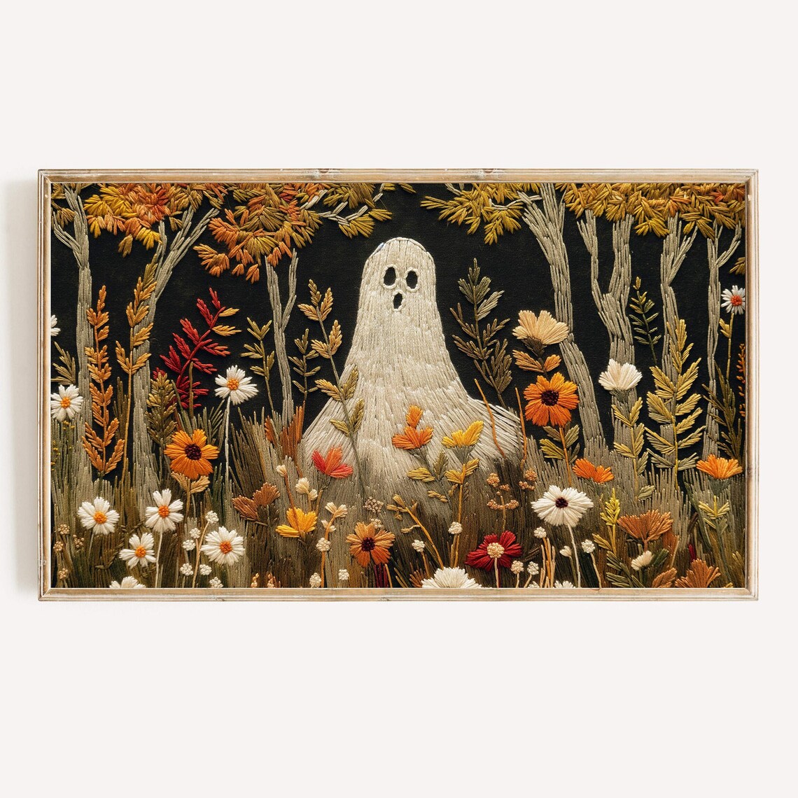 Embroidered Ghost Autumn Garden Dark Background Cottagecore Poster